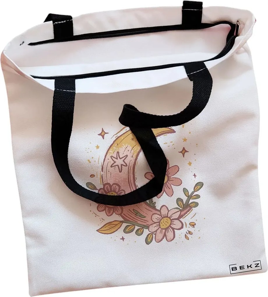 Sacosa de Panza pentru Cumparaturi, Geanta Tote, Moon Flower, Cu fermoar, 38x34.5 cm, Alba, BEKZ®