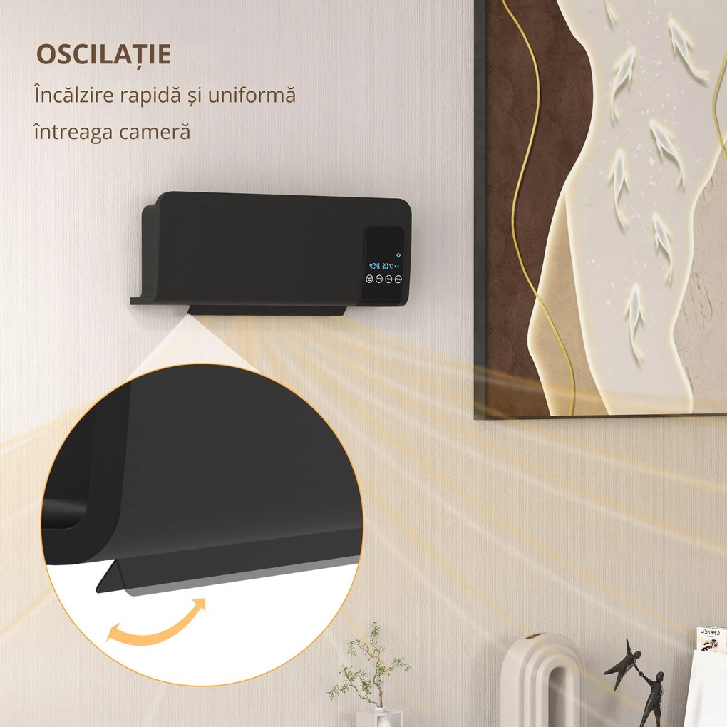 HOMCOM Aeroterma de Perete Oscilatoare pentru Casa si Birou cu Temporizator 12h si 2 Modalitati de Incalzire, 54.5x12x21.5 cm, Negru