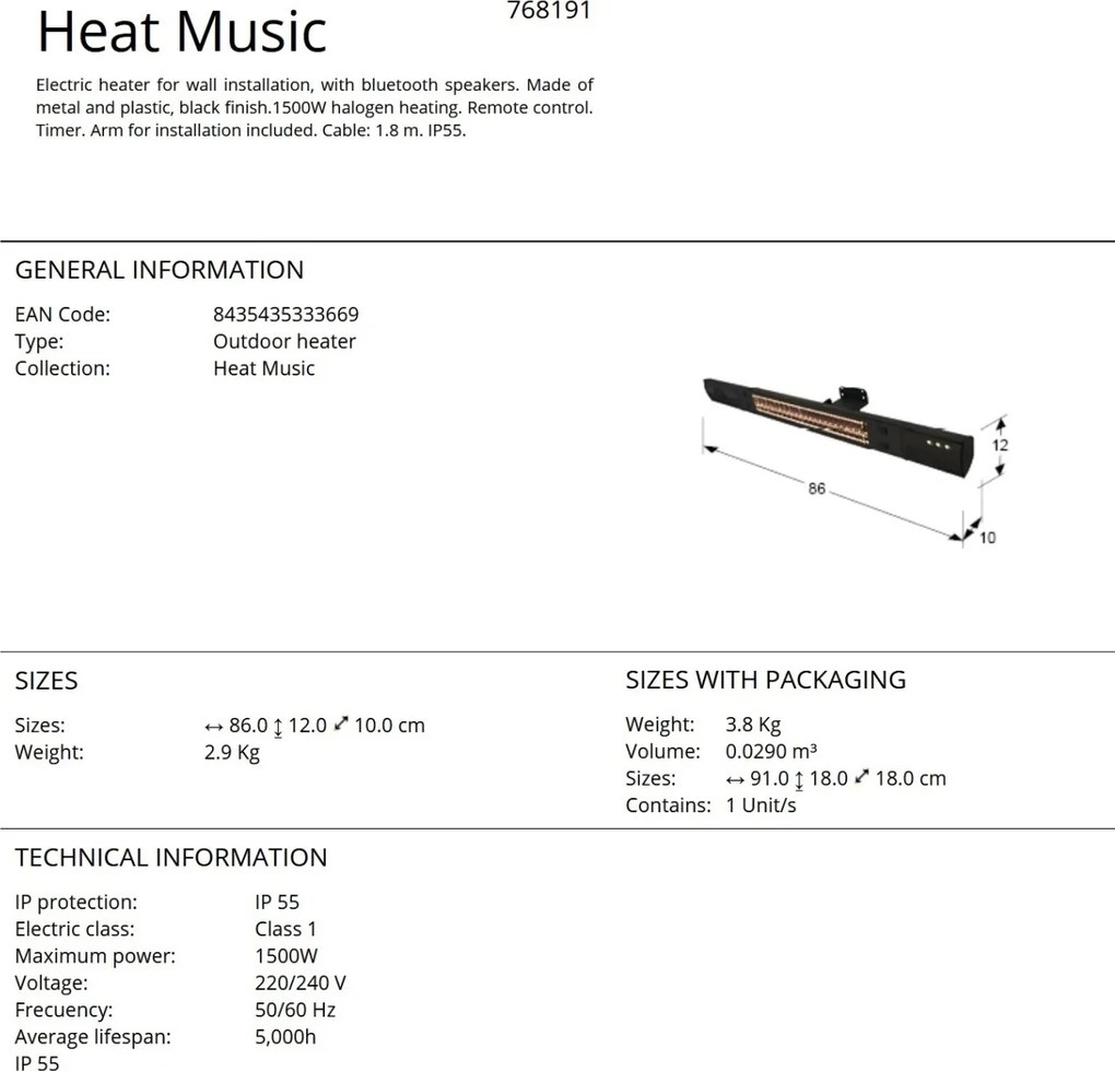 Încalzitor electric de terasa exterior cu telecomanda si speakers IP55 Heat Music