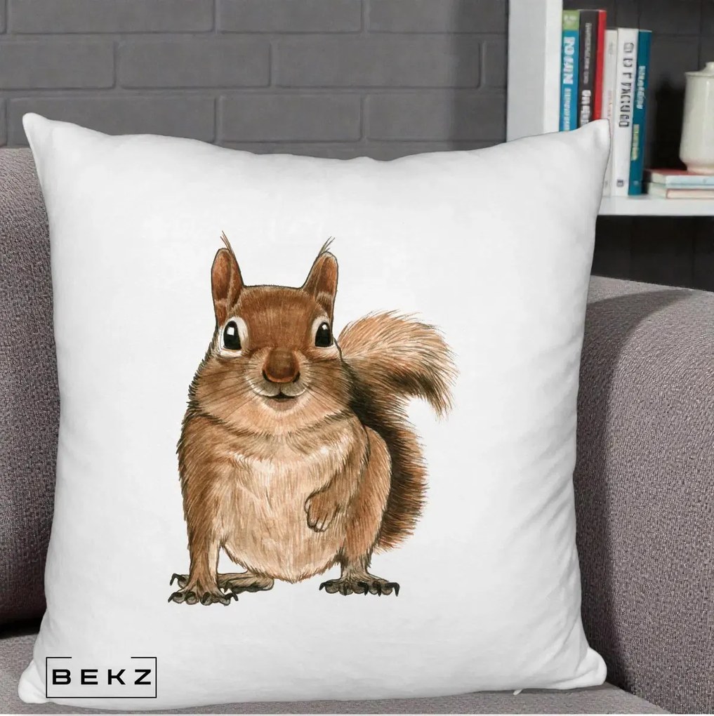 Perna Decorativa Veverita Acuarela, 40x40 cm, Alb Pufos, Husa Detasabila, Perna Inclusa, BEKZ®