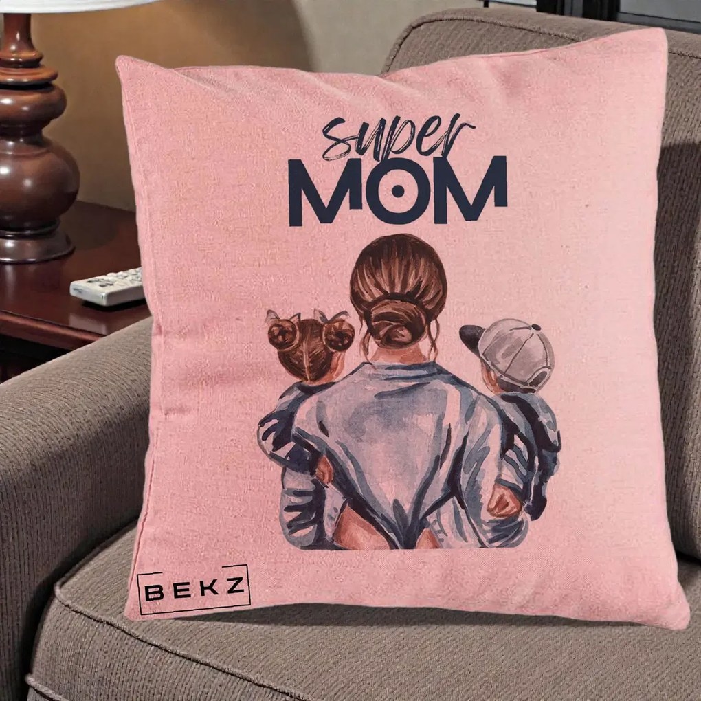 Cadou pentru Mama - Perna Personalizata Super Mom, 40x40 cm, Roz, Husa Detasabila, Perna Inclusa, BEKZ®