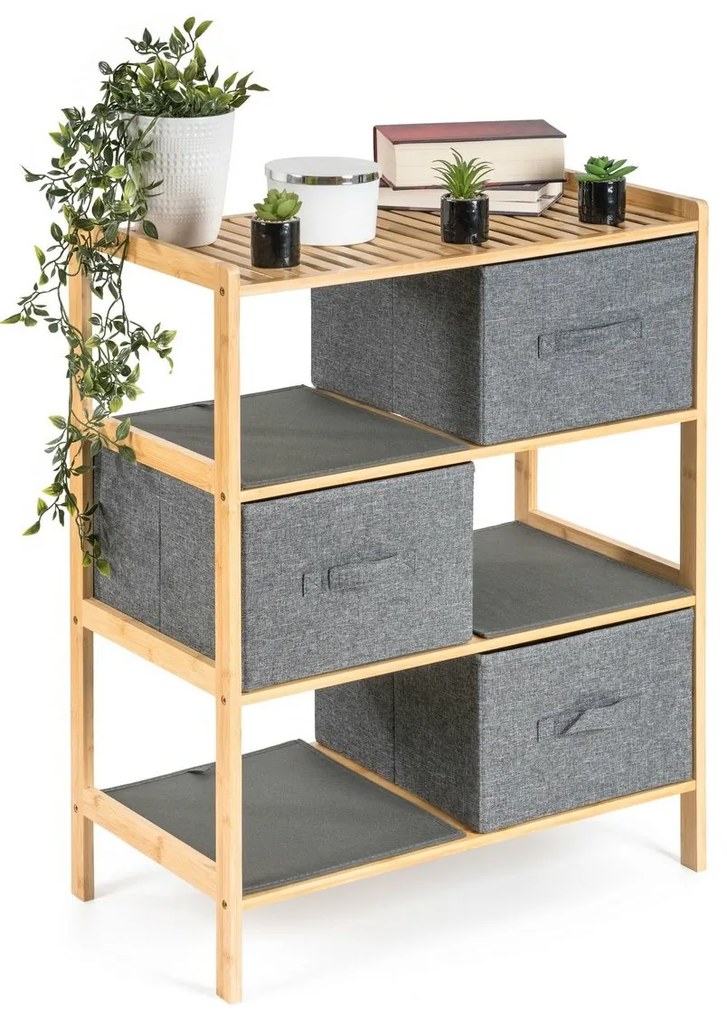 Raft din bambus cu coșuri G21, 3 rafturi, gri, 3 etaje