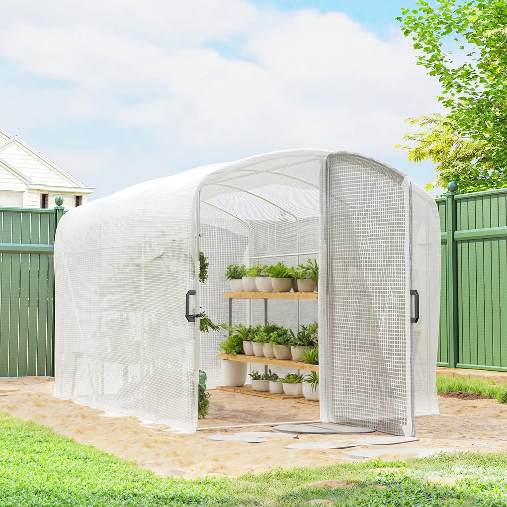 Outsunny Seră tunel de grădină 6m², seră tunel 300x200x195cm folie PE 220 g/m² margini prelungite 50 cm cu ușă alb | Aosom Romania