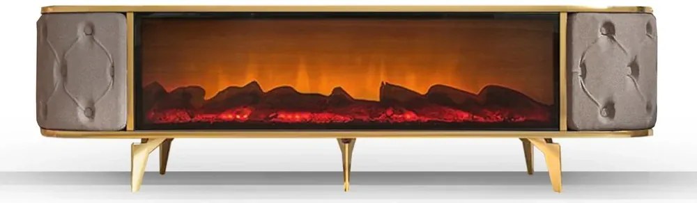 Comoda TV cu șemineu electric și riflaje, boxe Bluethooth, Bej/Auriu, 180x40x50cm