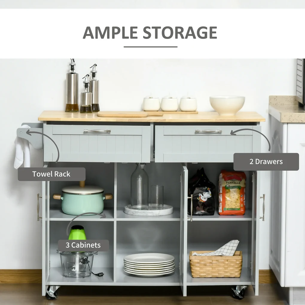 HOMCOM Cărucior Bucătărie Gri, Design Multifuncțional cu 2 Sertare, 3 Uși, 4 Roți, din Lemn și MDF, 121x46x91cm | Aosom Romania
