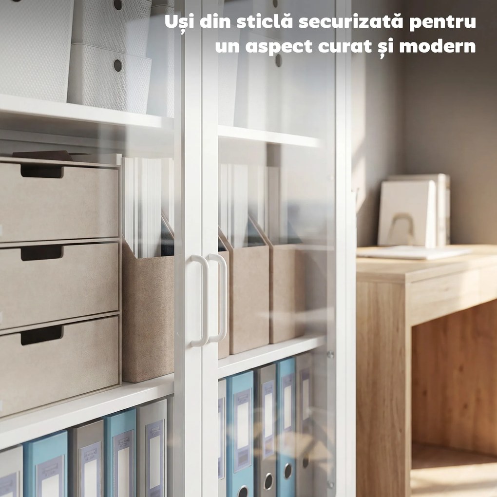 HOMCOM Dulap pentru Documente din Oțel cu 2 Uși din Sticlă Securizată, Dulap de Birou cu Rafturi Reglabile, Dulap Multifuncțional pentru Depozitare, Birou, Cameră de Studii, Casă, 80x40x110 cm, Alb | Aosom Romania