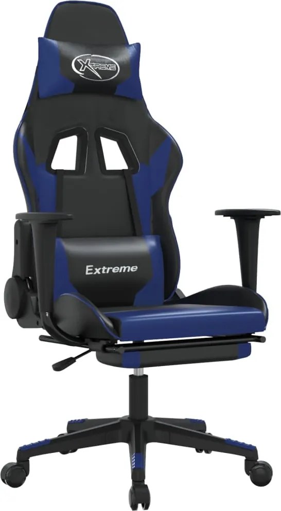 vidaXL Scaun de gaming cu suport picioare, negru/albastru, piele eco