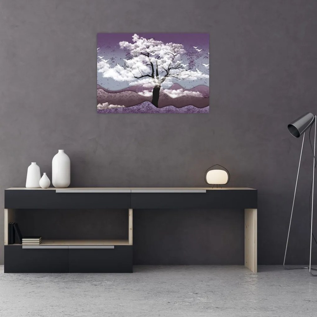 Tablou pe sticlă - Copac în nori (70x50 cm)
