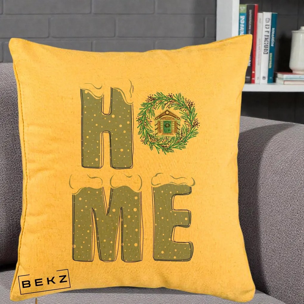 Perna Decorativa HOME Iarna cu Coroana, 40x40 cm, Galben, Husa Detasabila, Perna Inclusa, BEKZ®