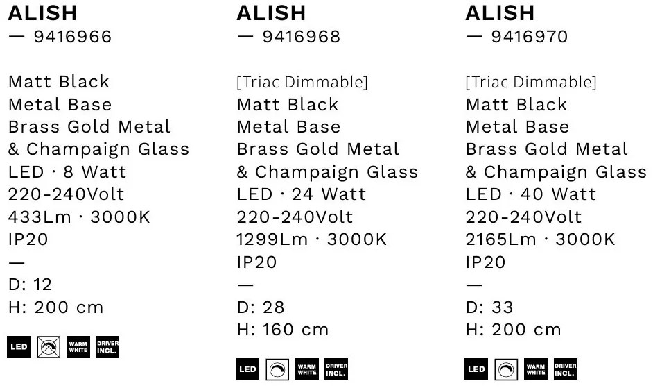 Lustra moderna cu 5 pendule LED, Metal, Sticla, Champaign, ALISH