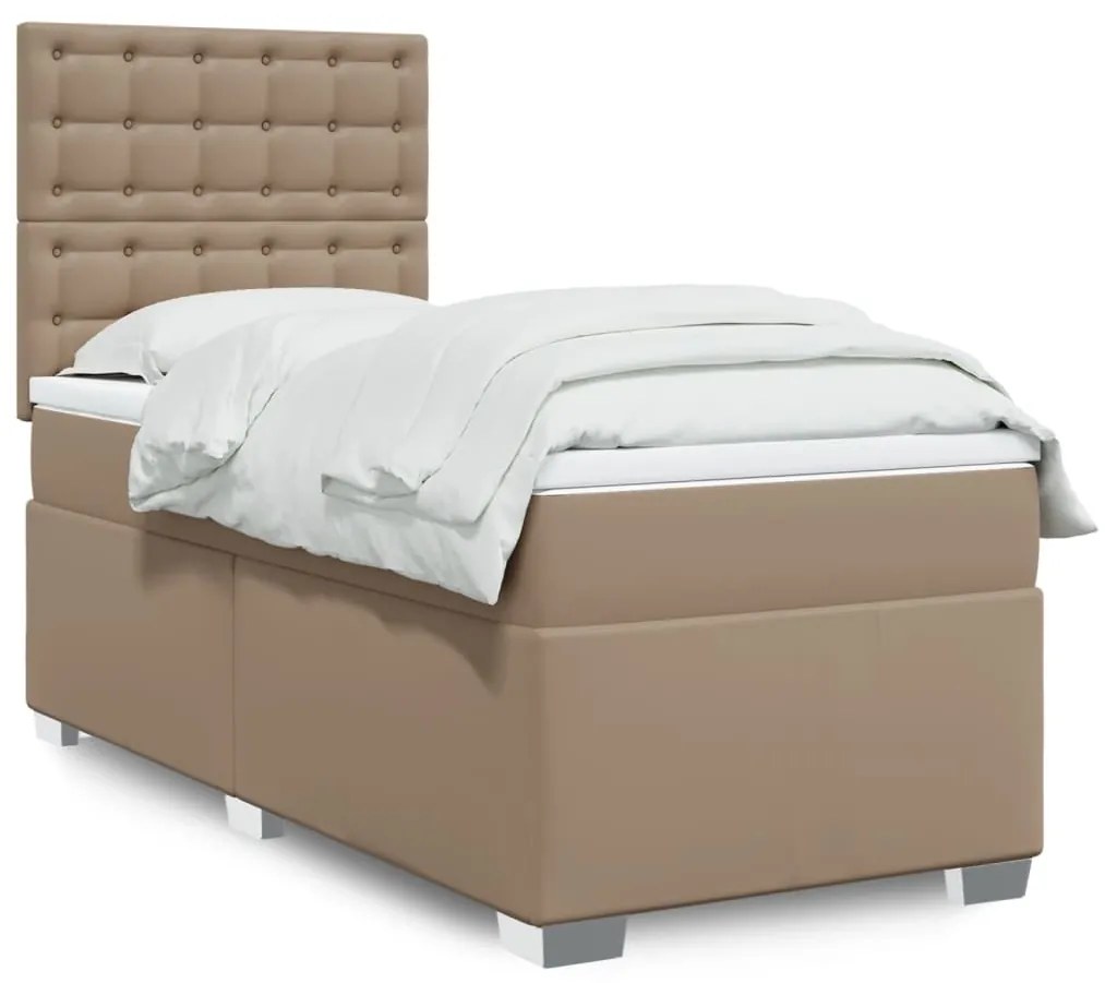 vidaXL Pat box spring cu saltea, cappuccino, 80x200 cm piele ecologică
