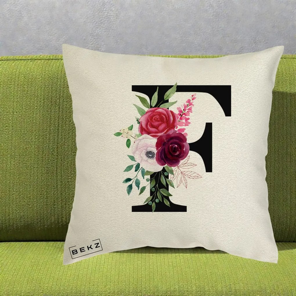Cadou Personalizat - Perna Personalizata Monograma Florala Litera F, 40x40 cm, Ecru, Husa Detasabila, Perna Inclusa, BEKZ®