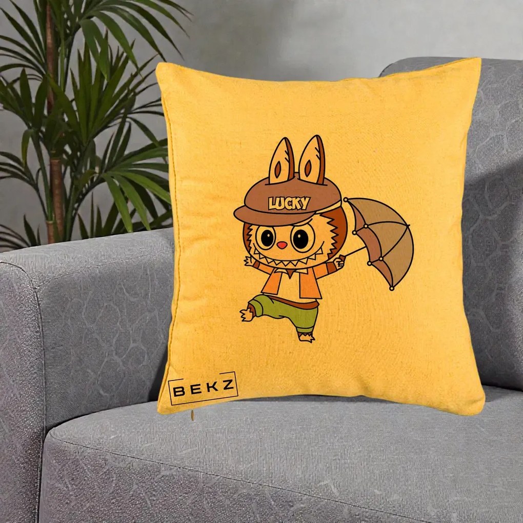 Perna Personalizata Labubu Lucky cu Umbrela, 40x40 cm, Galben, Husa Detasabila, Perna Inclusa, BEKZ®