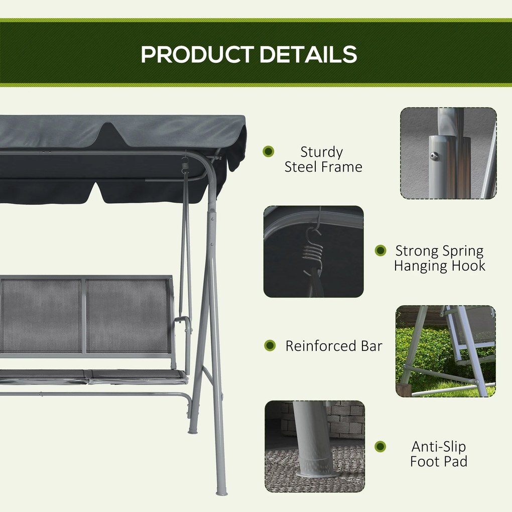 Outsunny Leagăn de grădină 3 locuri cu acoperiș parasolar reglabil și detașabil, șezut respirabil din poliester, capacitate 240 kg, 171x108x154 cm, gri închis | Aosom Romania