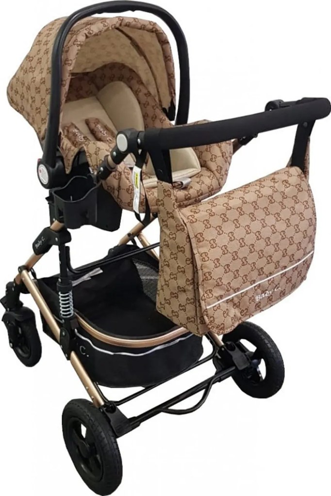 Carucior nou nascuti 3 in 1 Baby Care™ PRO 531, Cu geanta bebe, Cadru Aluminiu Gold , Amortizoare, Roti din cauciuc plin AVE, Landou, Scoica auto,