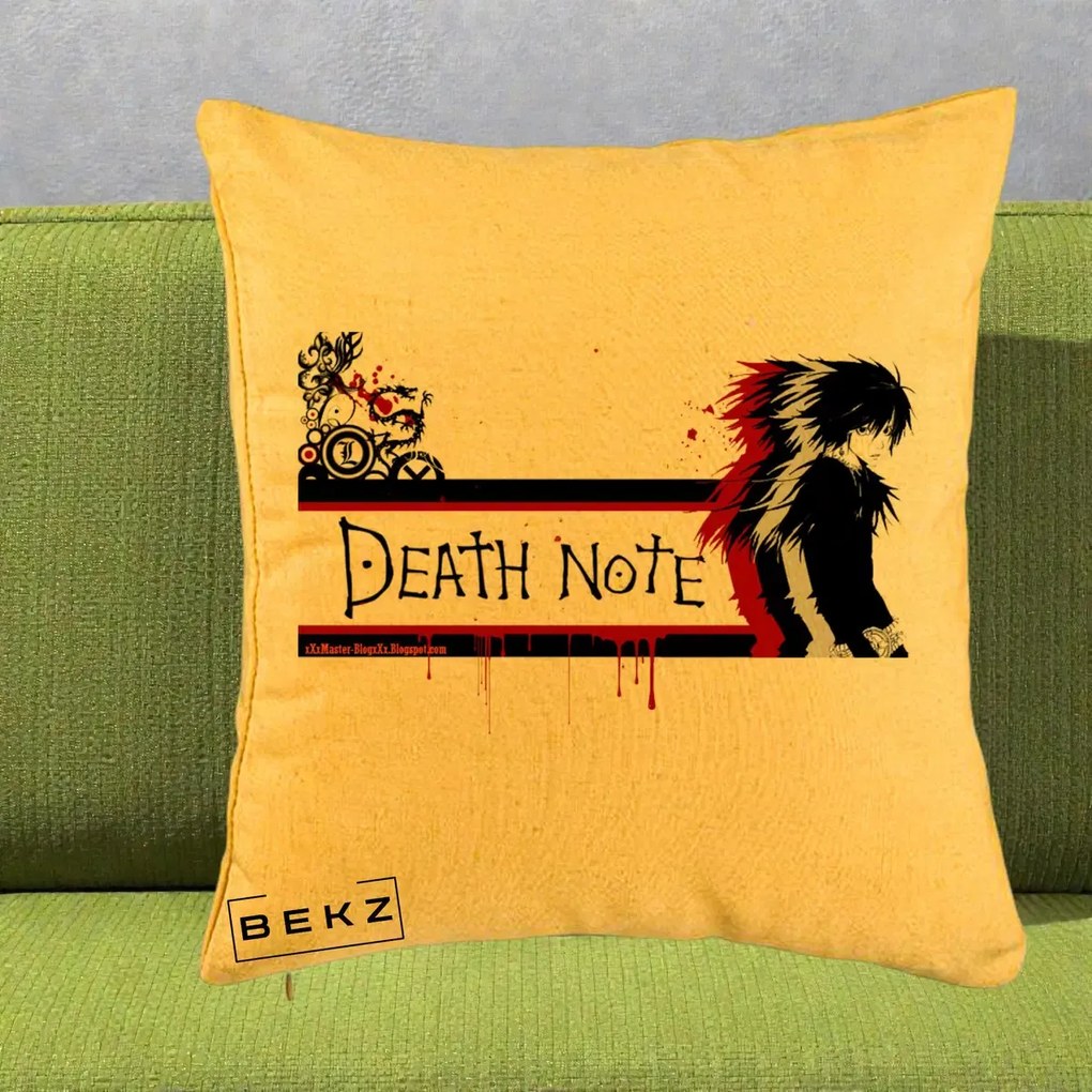 Perna Personalizata Death Note L Lawliet Rosu-Negru, 40x40 cm, Galben, Husa Detasabila, Perna Inclusa, BEKZ®