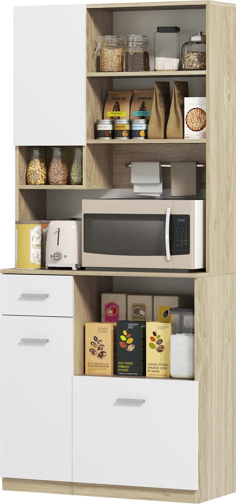HOMCOM Bufet Înalt de Bucătărie cu Sertar, 3 Dulapuri și 4 Compartimente Deschise, 80x35x180 cm, Alb | Aosom Romania