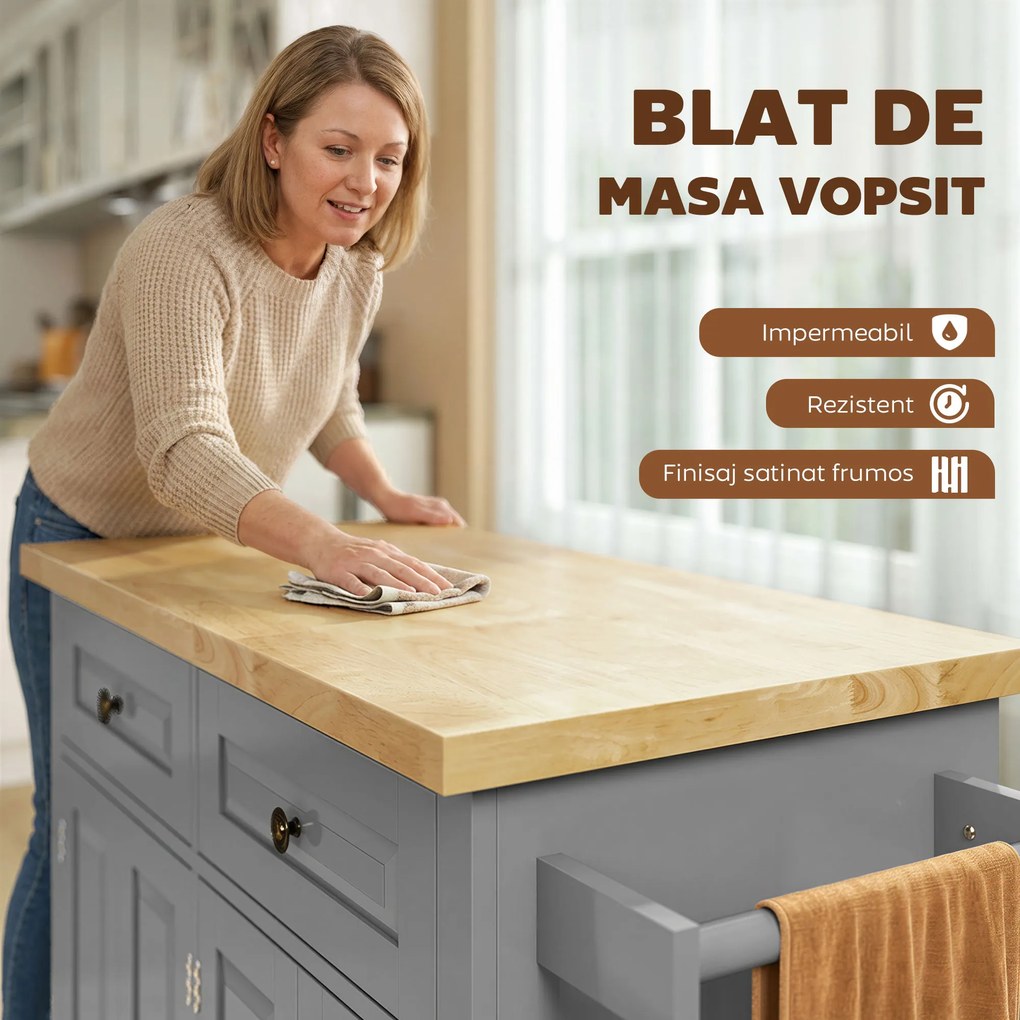 HOMCOM Căruț de Bucătărie cu 2 Sertare și 2 Dulapuri, Insulă de Bucătărie cu Blat din Lemn, 111x44,5x82,5 cm, Gri | Aosom Romania