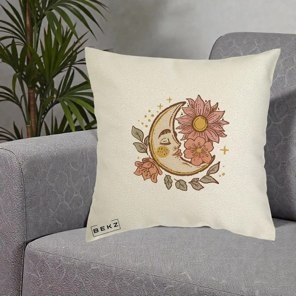 Perna Personalizata Luna Boho Chip Floral, 40x40 cm, Ecru, Husa Detasabila, Perna Inclusa, BEKZ®