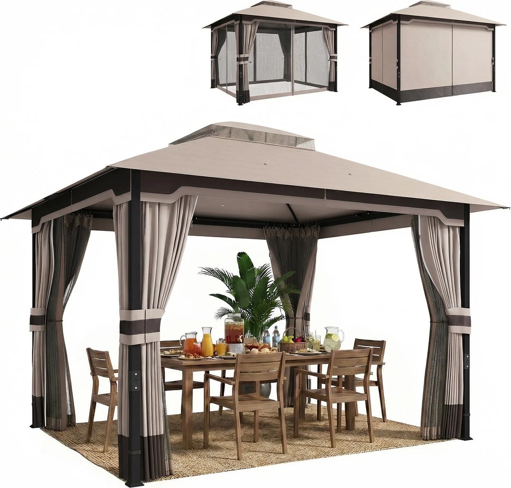 Outsunny Pavilion 3,6x3 m rezistent la apă Stabil rezistent la iarnă pavilion de grădină cu acoperiș dublu plasă anti-țânțari părți laterale orificii de scurgere | Aosom Romania