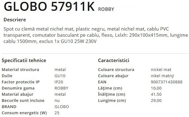 Veioza, lampa de birou cu clema design modern Robby nichel mat