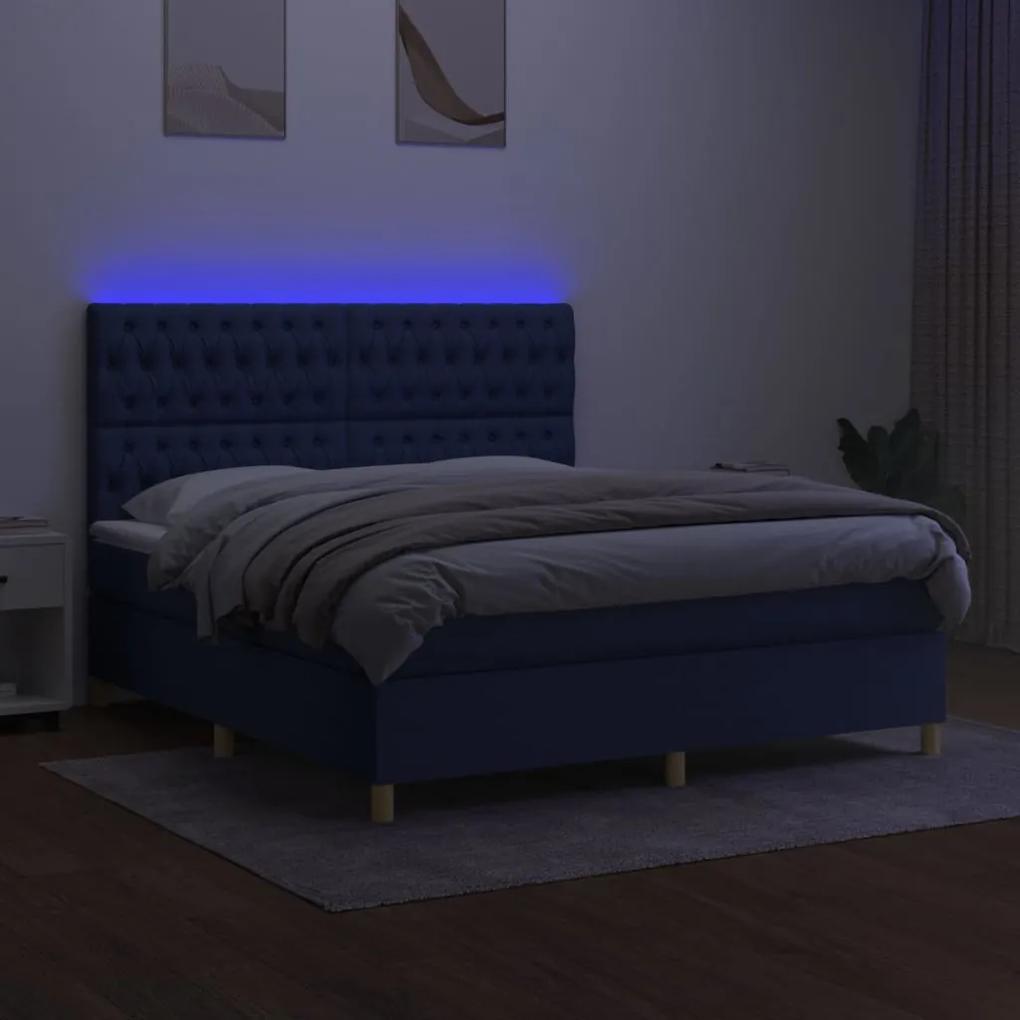 Pat cu arcuri, saltea si LED, albastru, 180x200 cm, textil Albastru, 180 x 200 cm, Design cu nasturi