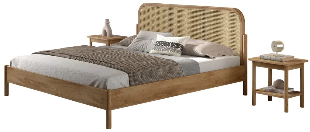 Pat dublu OLIVE, 180 x 200 cm, cu tăblie rotunjită din rattan și aspect lemn de stejar, design modern, fără somieră inclusă, cu noptieră cu două