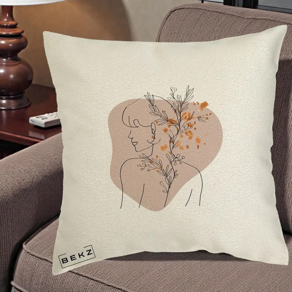 Perna Decorativa Femeie cu Flori Line Art Boho, 40x40 cm, Ecru, Husa Detasabila, Perna Inclusa, BEKZ®
