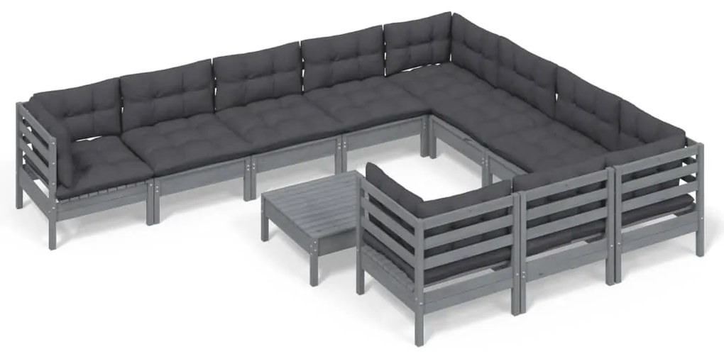 3097003 vidaXL Set mobilier grădină cu perne, 11 piese, gri, lemn de pin