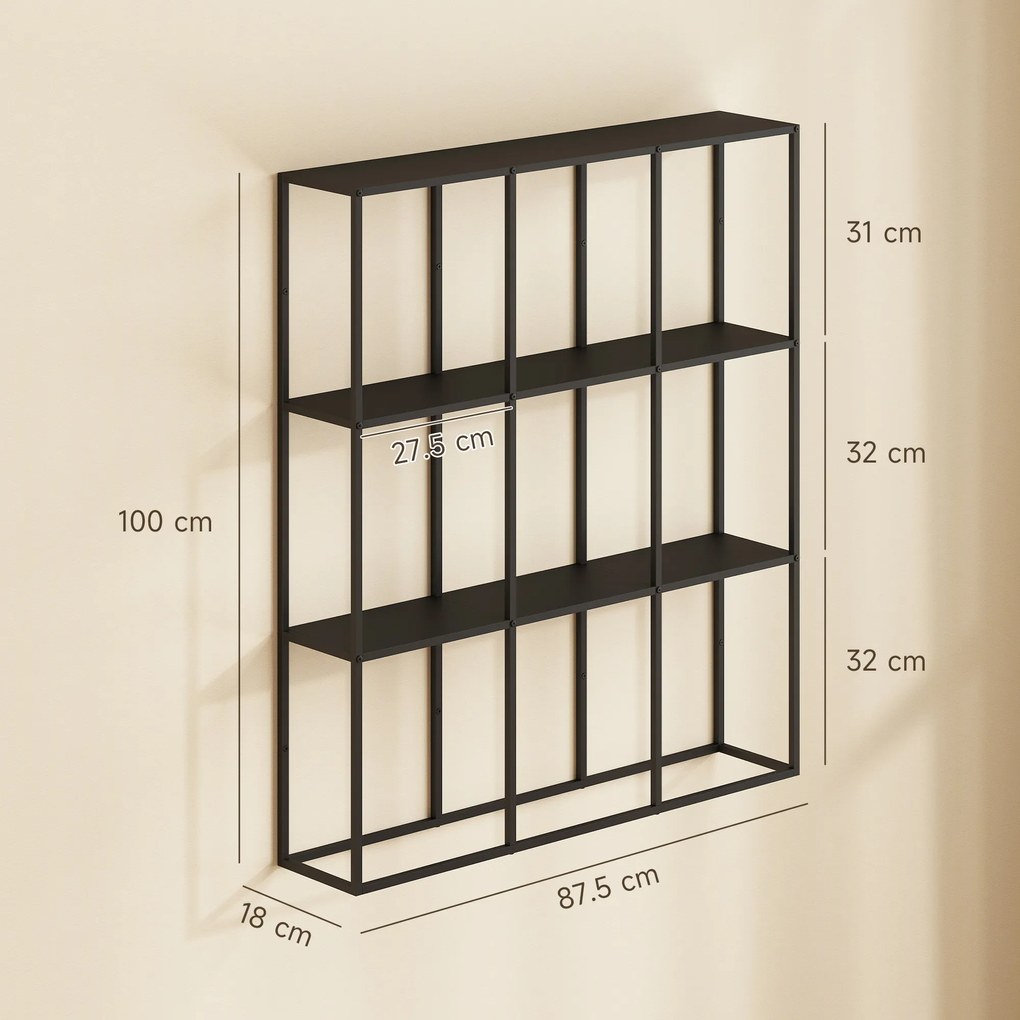HOMCOM Etajeră de perete industrială 9 compartimente, etajeră modulară din metal pentru obiecte de colecție, 87,5x18x100cm Negru | Aosom Romania