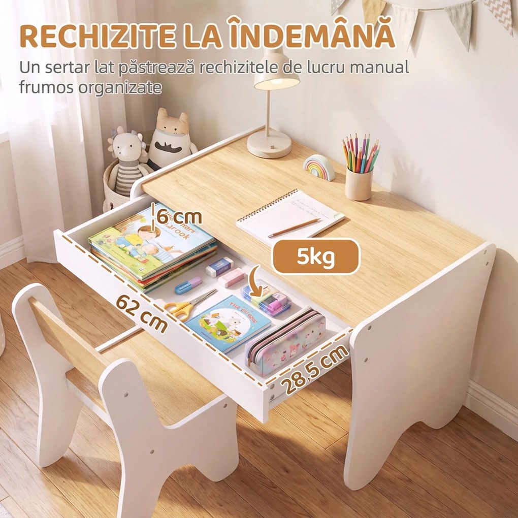 AIYAPLAY Set masă și scaun pentru copii, cu sertar, 3-8 ani, margini rotunjite, pentru camera copilului, living, grădiniță, alb | Aosom Romania
