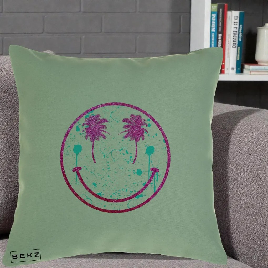 Perna Decorativa Smiley Face Tropical Glitter Roz, 40x40 cm, Verde, Husa Detasabila, Perna Inclusa, BEKZ®