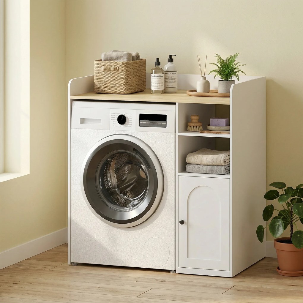 HOMCOM Dulap peste mașina de spălat cu balamale soft-close, organizator modern pentru baie peste toaletă cu rafturi deschise | Aosom Romania