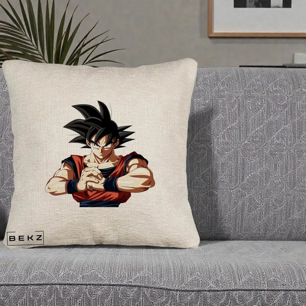 Perna Personalizata Dragon Ball Goku Portret Serios, 40x40 cm, Bej Canapea, Husa Detasabila, Perna Inclusa, BEKZ®