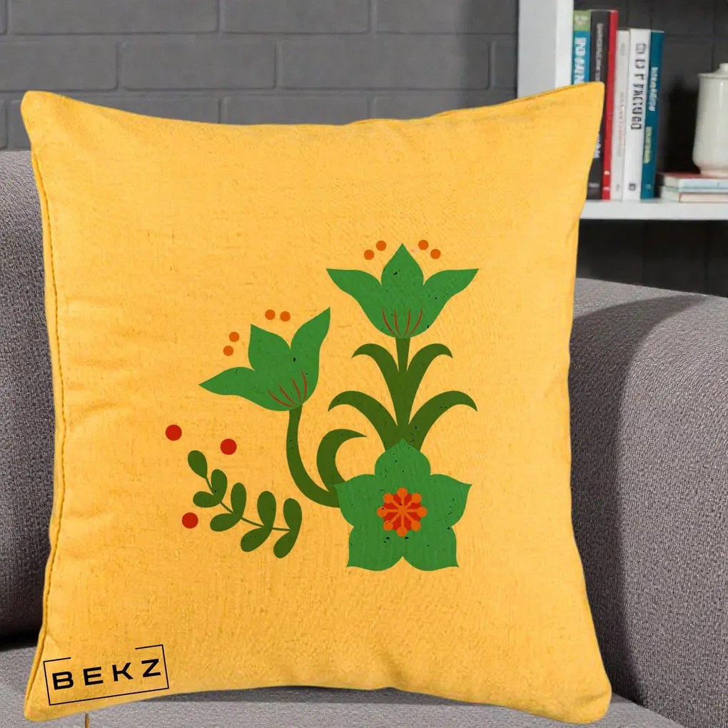 Perna Decorativa Flori Stilizate Folk Turcoaz, 40x40 cm, Galben, Husa Detasabila, Perna Inclusa, BEKZ®