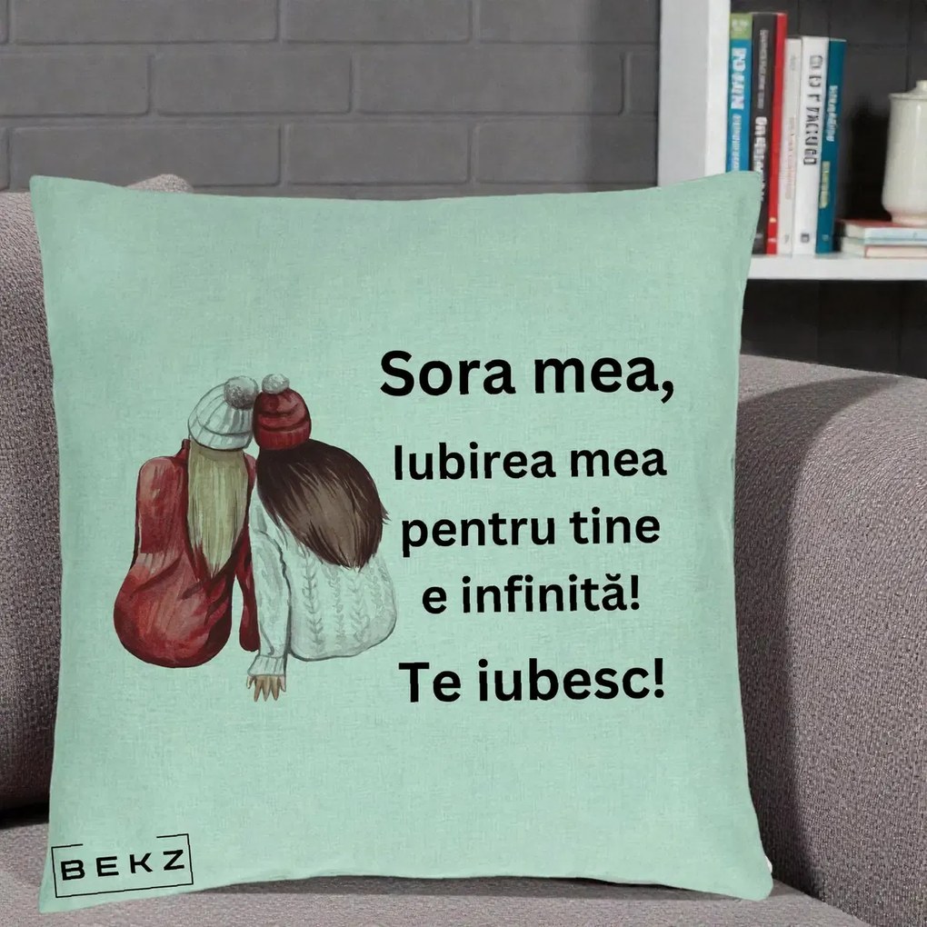 Cadou pentru Sora - Perna Personalizata Sora Mea Te Iubesc Doua Fete Iarna Acuarela, 40x40 cm, Verde Menta, Husa Detasabila, Perna Inclusa, BEKZ®