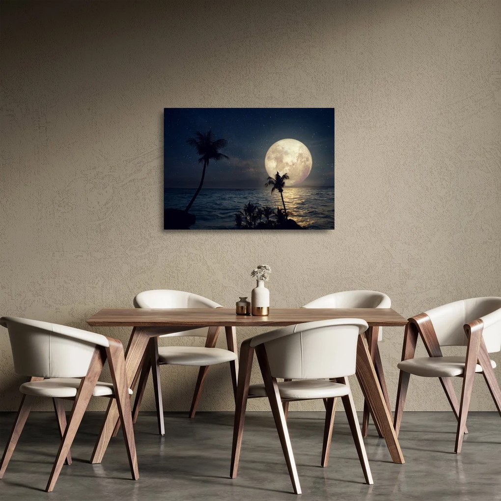 Tablou pe sticlă - Plajă cu lună plină (70x50 cm)