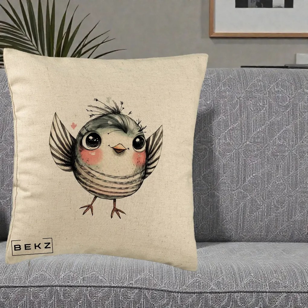 Perna Decorativa Pasare Gri cu Aripi si Inimioare, 40x40 cm, Bej, Husa Detasabila, Perna Inclusa, BEKZ®