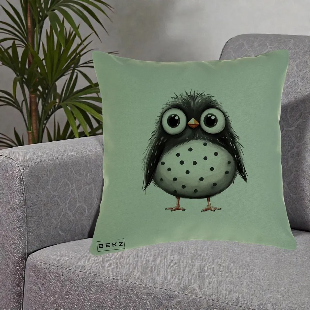 Perna Decorativa Bufnita Neagra cu Buline Albe, 40x40 cm, Verde, Husa Detasabila, Perna Inclusa, BEKZ®