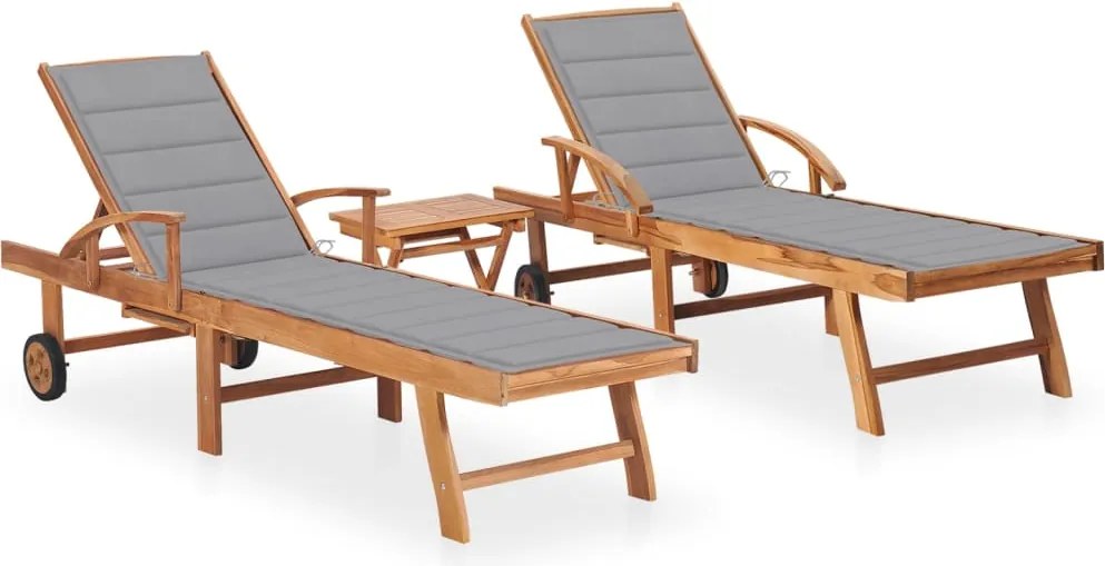 vidaXL Șezlonguri, 2 buc., cu masă și pernă, lemn masiv de tec