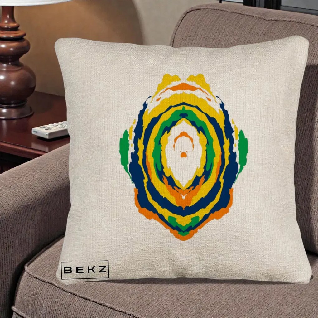 Perna Decorativa Oval Abstract Multicolor, 40x40 cm, Bej Canapea, Husa Detasabila, Perna Inclusa, BEKZ®