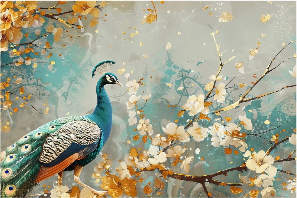 Tablou - Păun cu decor de aur (90x60 cm)