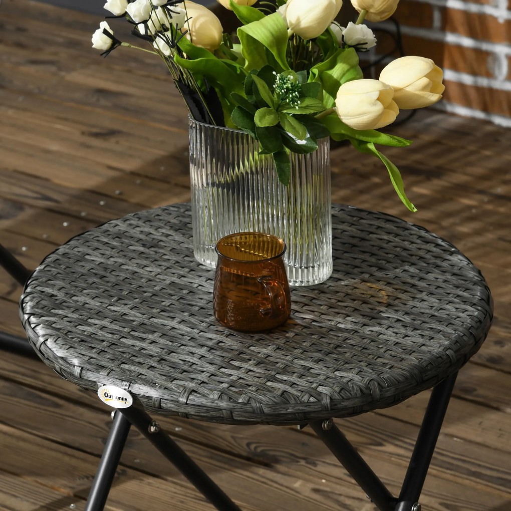 Outsunny Salon de grădină exterior din răchită set masă și scaune exterioare pentru 2 persoane masă 2 scaune pliabile gri | Aosom Romania