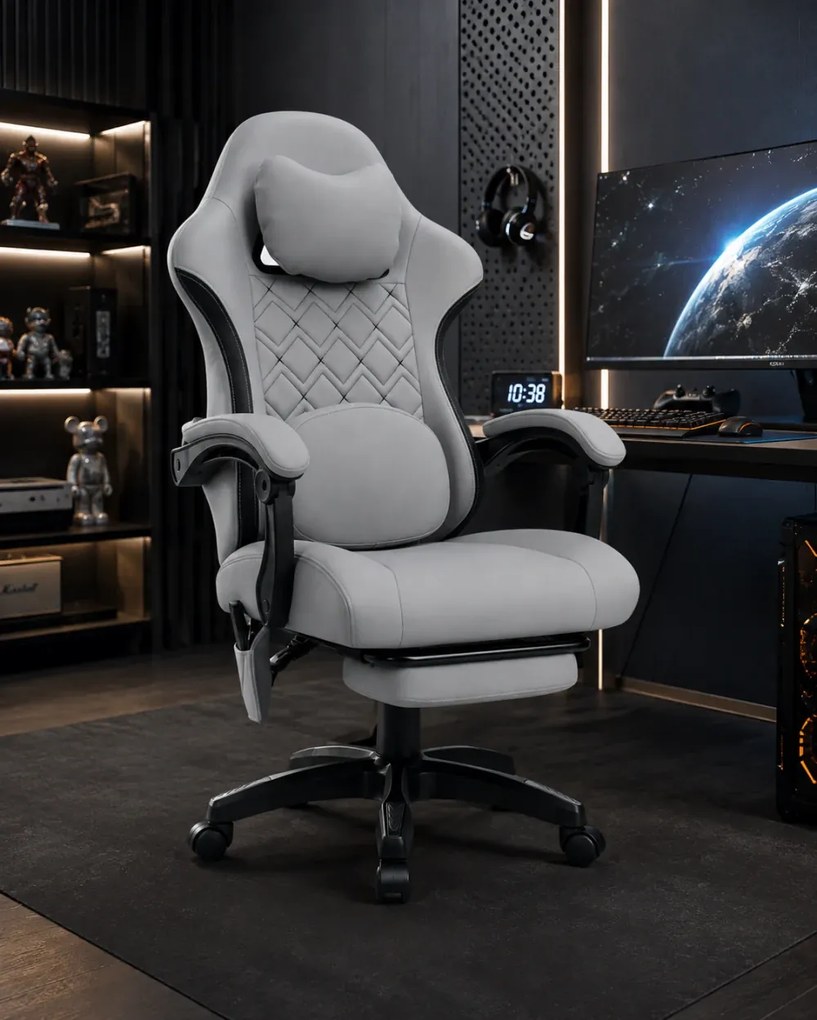 VELTOR – Scaun Gaming cu Masaj în 8 Puncte, Tapițerie Premium Dublu Strat Anti-Zgâriere, Mecanism Multifuncțional, Suport Picioare, Gri