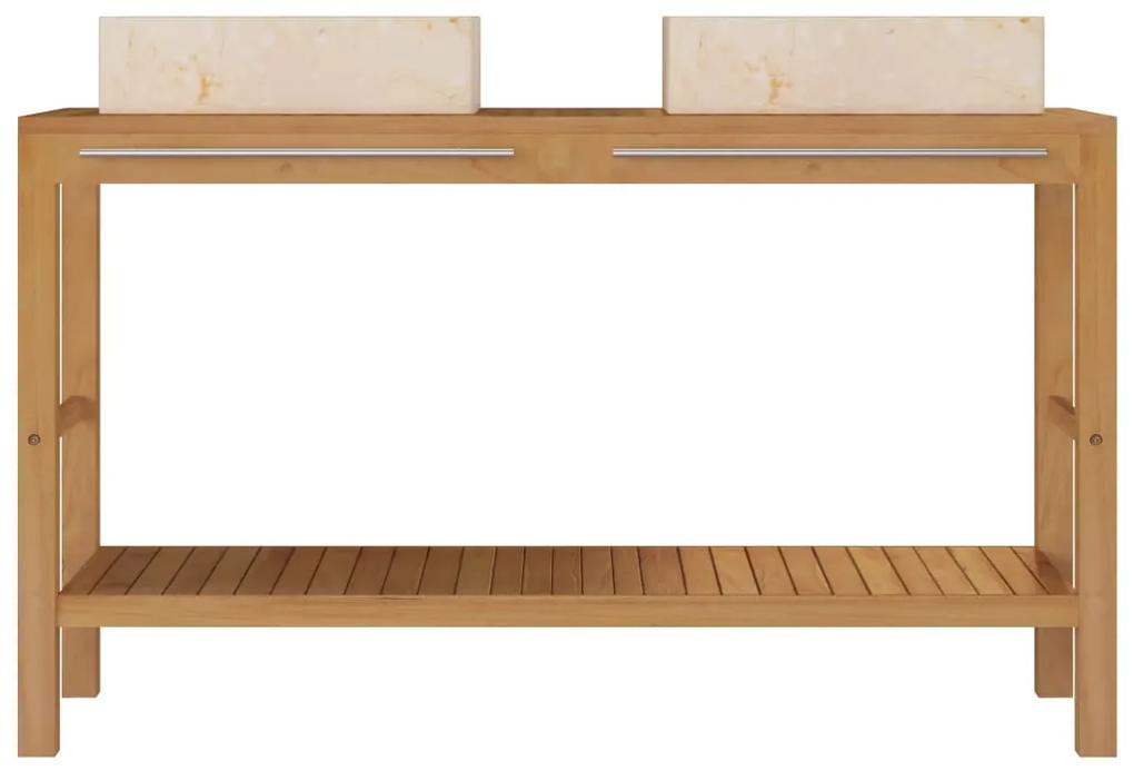 Masuta toaleta lemn masiv de tec, cu chiuvete marmura, crem Crem, 132 x 45 x 75 cm