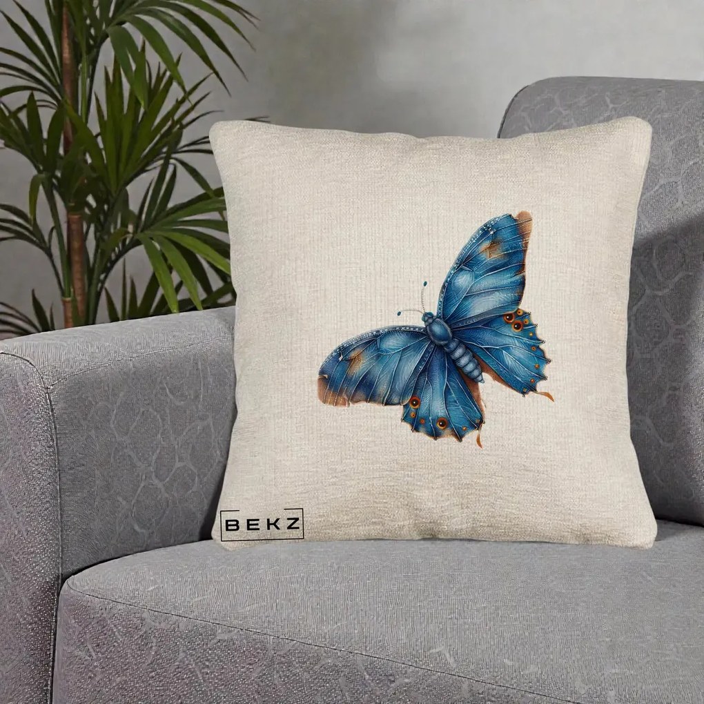 Perna Decorativa Fluture Albastru Satin cu Pete Aurii, 40x40 cm, Bej Canapea, Husa Detasabila, Perna Inclusa, BEKZ®