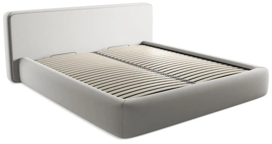 Pat matrimonial gri deschis tapițat cu spațiu de depozitare cu somieră 180x200 cm Kiana – Makamii