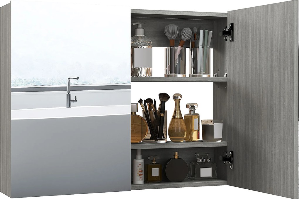 HOMCOM Dulap suspendat pentru baie cu oglindă, mobilier de baie, uși duble și rafturi reglabile, 80x15x60cm, gri | Aosom Romania