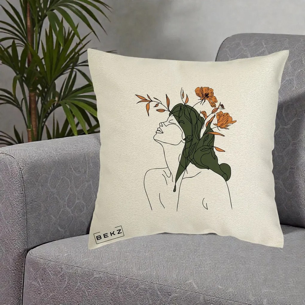 Perna Decorativa Portret Feminin Profil Flori Portocalii, 40x40 cm, Ecru, Husa Detasabila, Perna Inclusa, BEKZ®