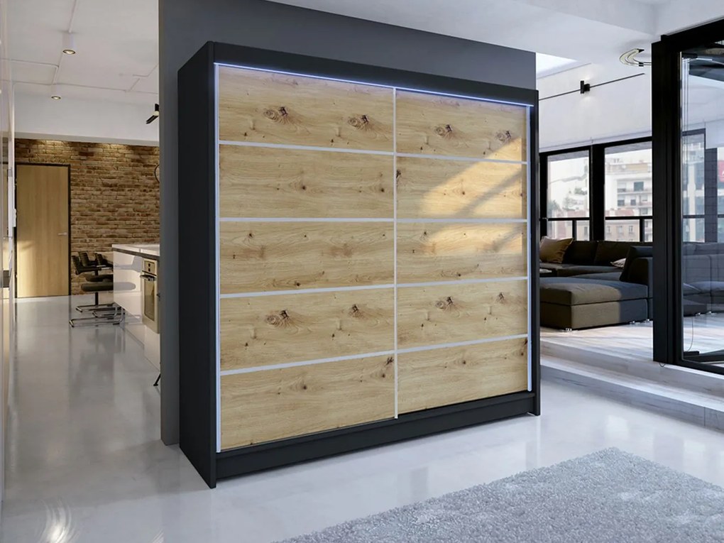 Dulap cu uși glisante Bastian IV (negru + stejar artizanal) (iluminare LED RGB colorată). 1060471